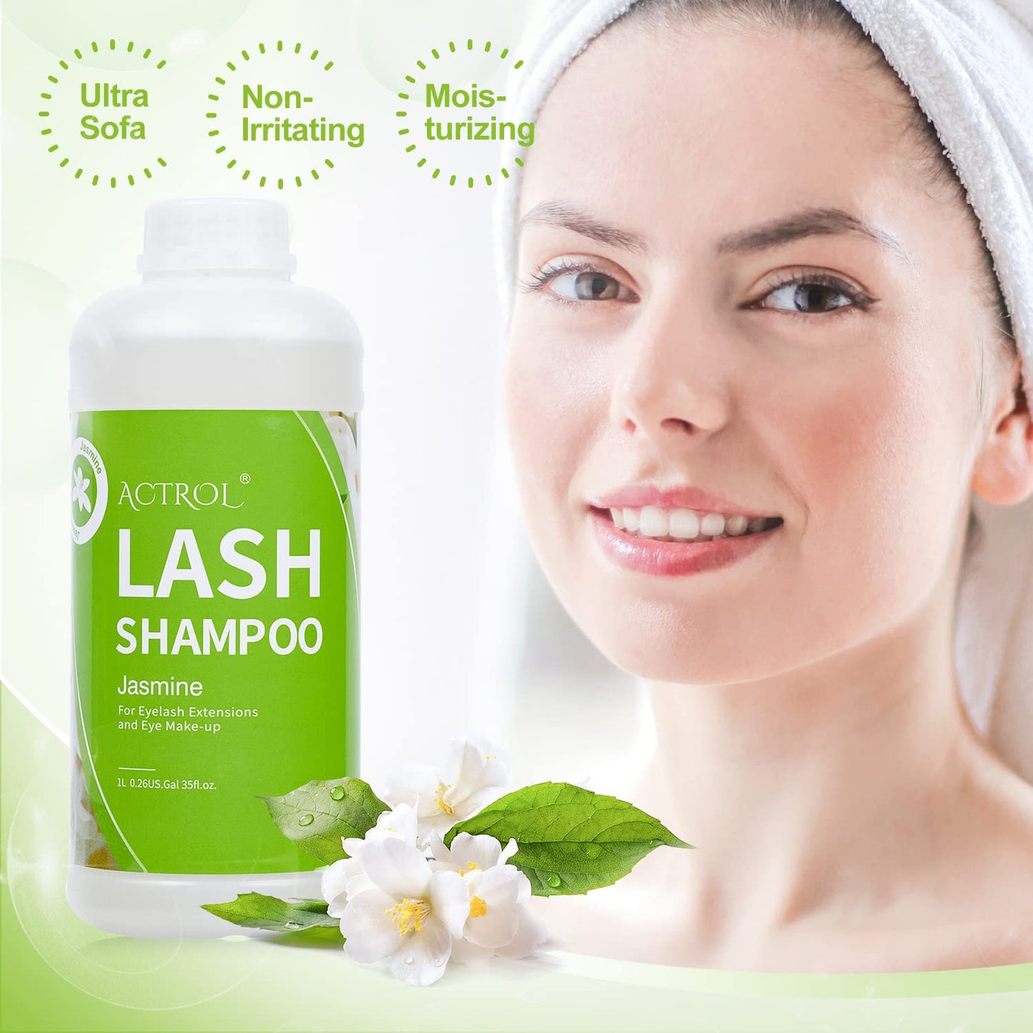 ACTROL Eyelash Extension Cleanser Jasmine 1L Natural Lash Extension Shampoo Professional Eyelid Foaming Cleanser Paraben & Sulfate Free Non-lrritating with Salon and Home Care