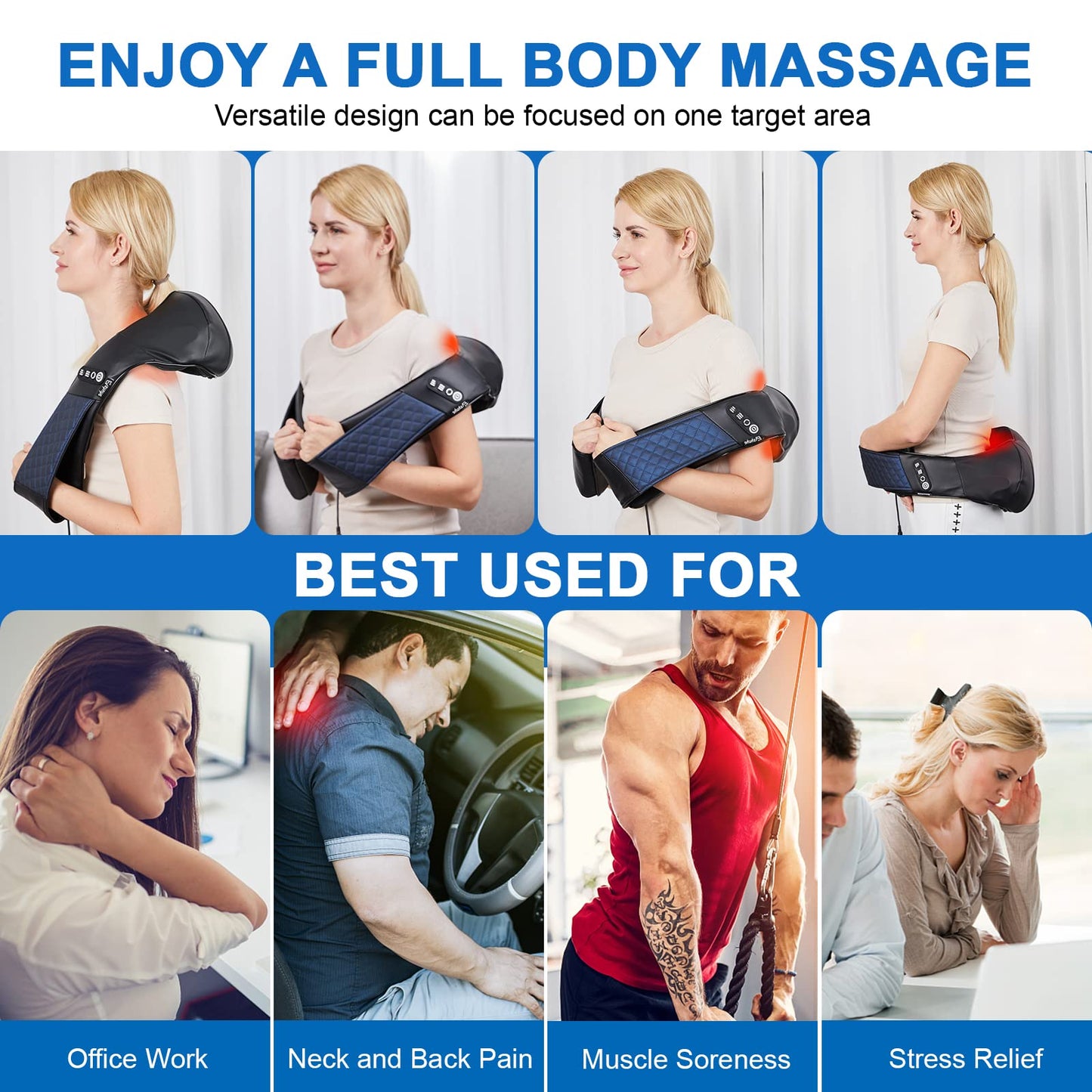 EAshuhe Neck and Shoulder Massager with Heat Shiatsu Back Massage Pillow with 3D Deep Tissue Kneading for Foot, Legs, Body Muscle Pain Relief, Use at Home, Office & Car