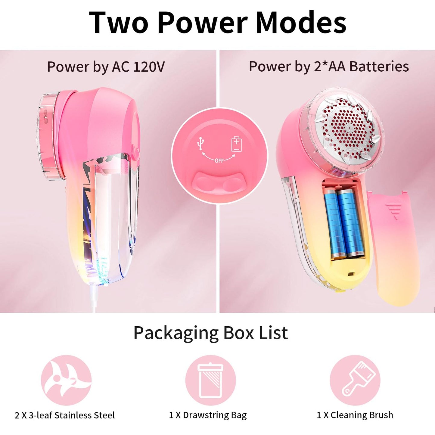 Fabric Shaver & Lint Remover, Electric Fuzz Remover, AC Adapter or Battery Operated Sweater Shaver, 3 Shave Heights - Removes Clothes Fuzz, Lint Balls, Pills, Bobbles(Pink Yellow Color