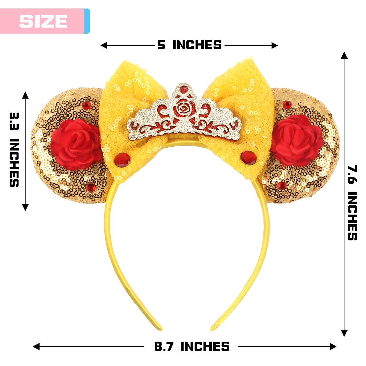 MADO belle mouse ears headband for women adults kids, yellow princess ears for adult kids women girls,Park mini ears headbands for women kids girls (yellow belle)