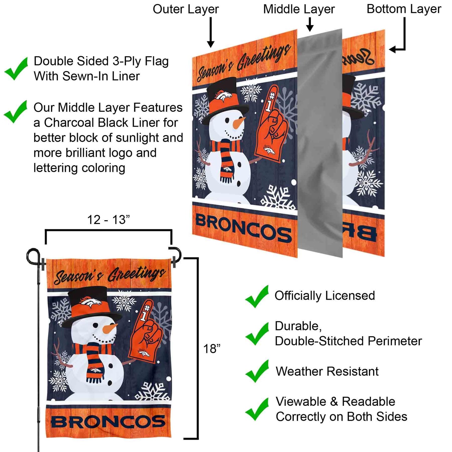 Denver Broncos Holiday Winter Snow Garden Flag Double Sided Banner