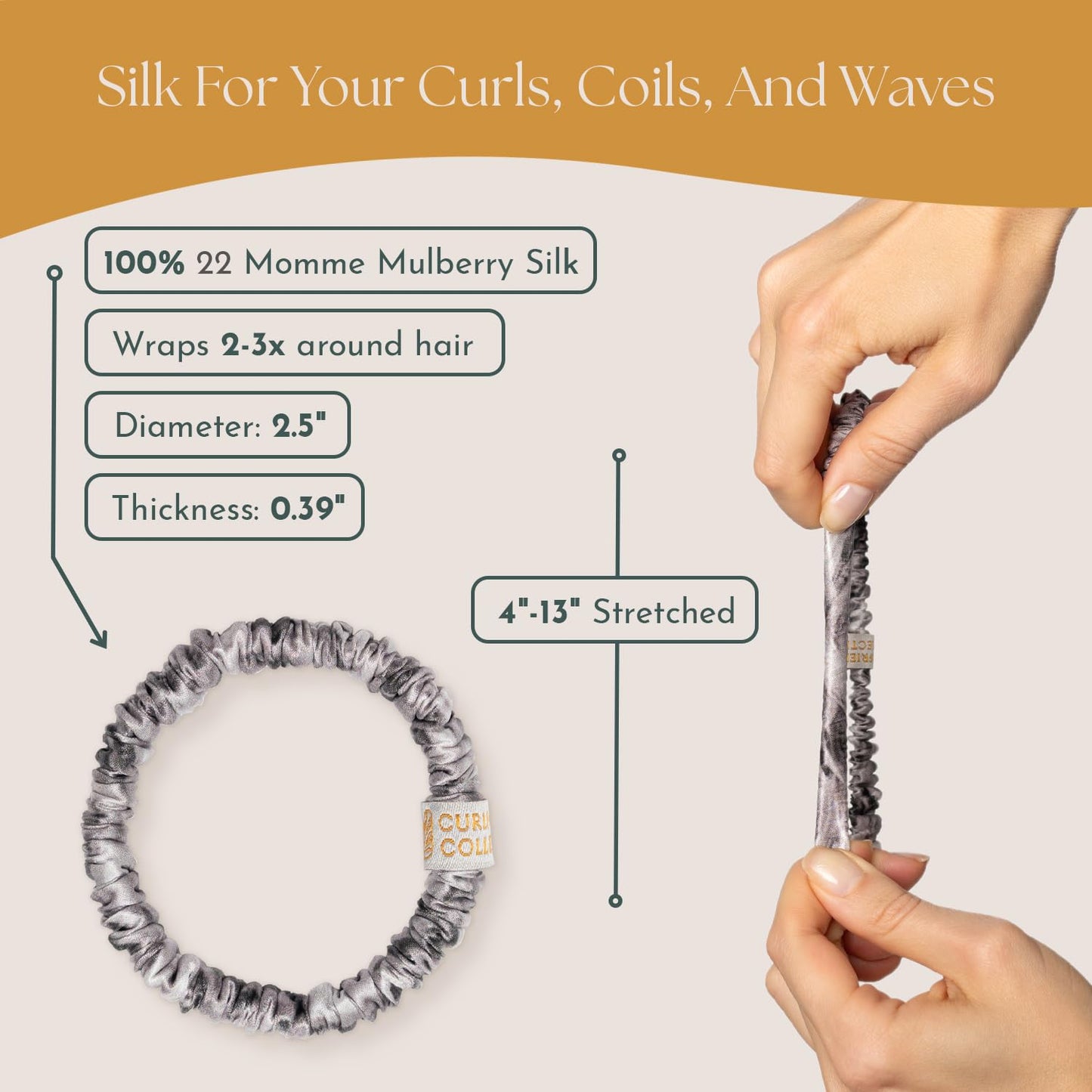 Authentic Mulberry Silk Skinny Hair Match Scrunchies for Women, Anti Breakage Hair Ties for Curly Thick & Thin Hair, No Dent, No Pull, 100% Silk for Buns, Sleep & Ponytail, Silver/Deep Grey (4 Pack)