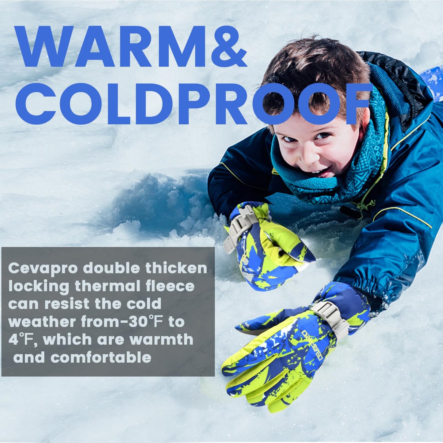 Cevapro -30℉ Waterproof Winter Kids Gloves for Boys Girls,3M Thinsulate Warm Waterproof Gloves for Cold Weather to Snow Skiing Running Hiking,Winter Thinsulate Gloves for Kids Outdoor Sports