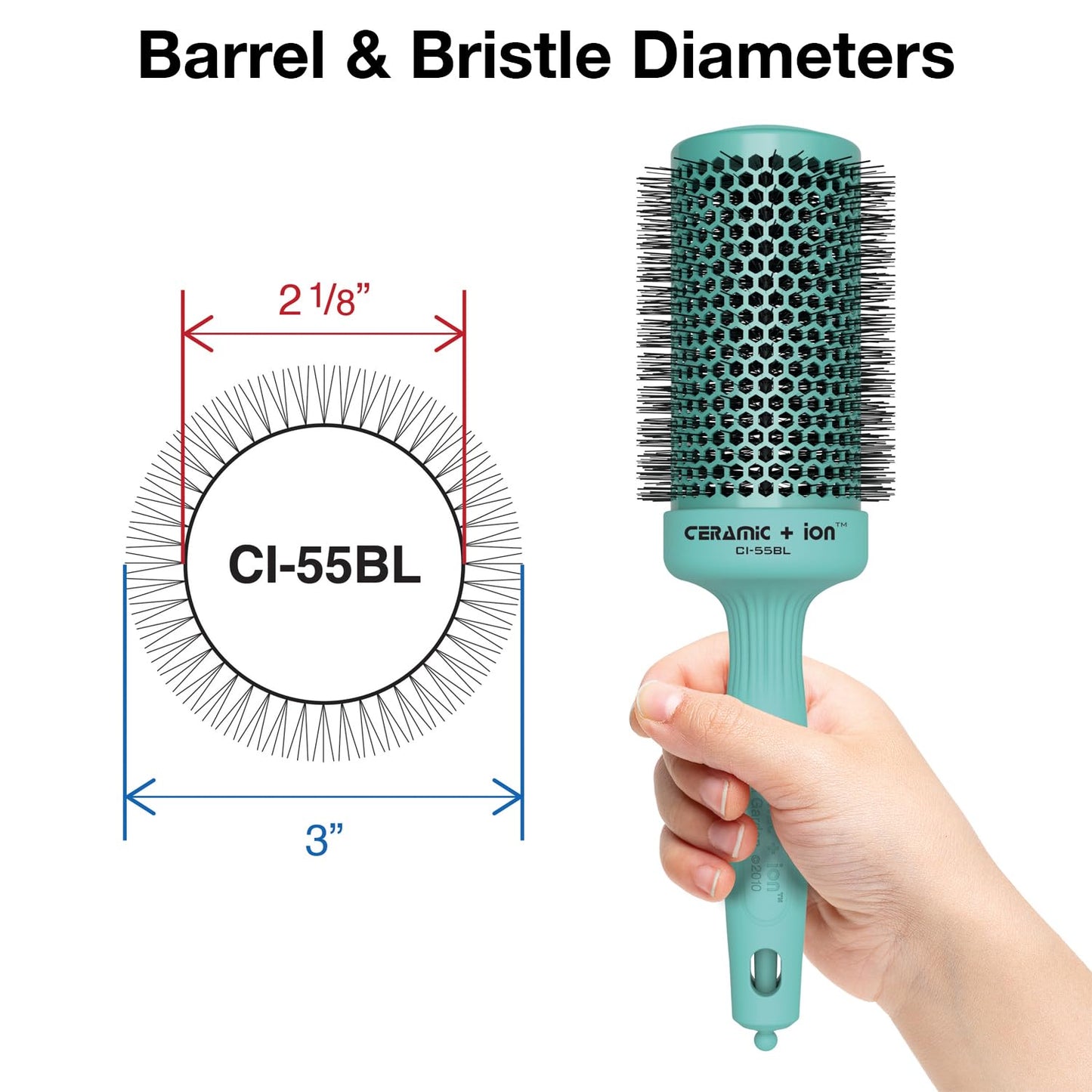 Olivia Garden Ceramic + Ion Round Thermal Hair Brush - Not Electrical - Professional Blowout Brush for Normal to Thick Hair - 2.125"-Diameter Barrel - Turquoise - CI-55BL