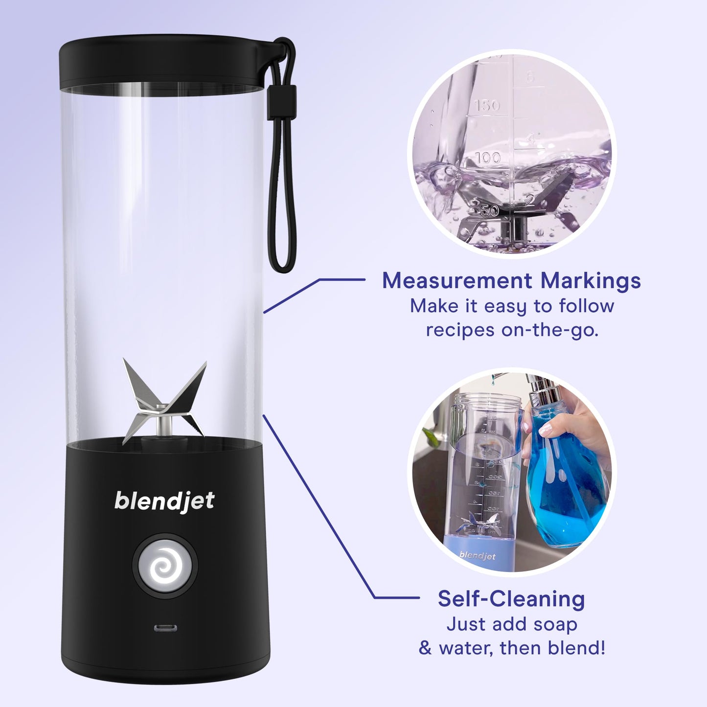 BlendJet Portable Blender for Smoothies & Shakes - 16oz BlendJet 2 Cordless Personal & Small Blender, USB-C Rechargeable & Self Cleaning - Quiet Mini Travel Blender with Stainless Steel Blade (Cloud)…