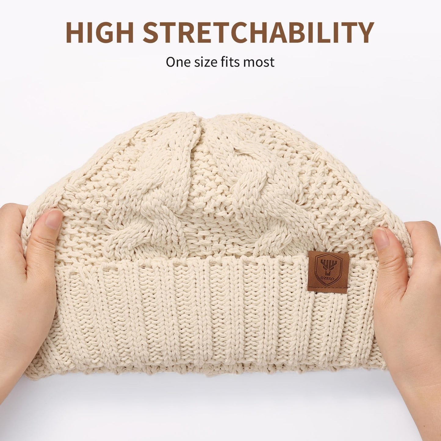 OZERO Womens Hats Winter, Knit Polar Fleece Lined Warm Slouchy Beanie Hats for Women-Beige