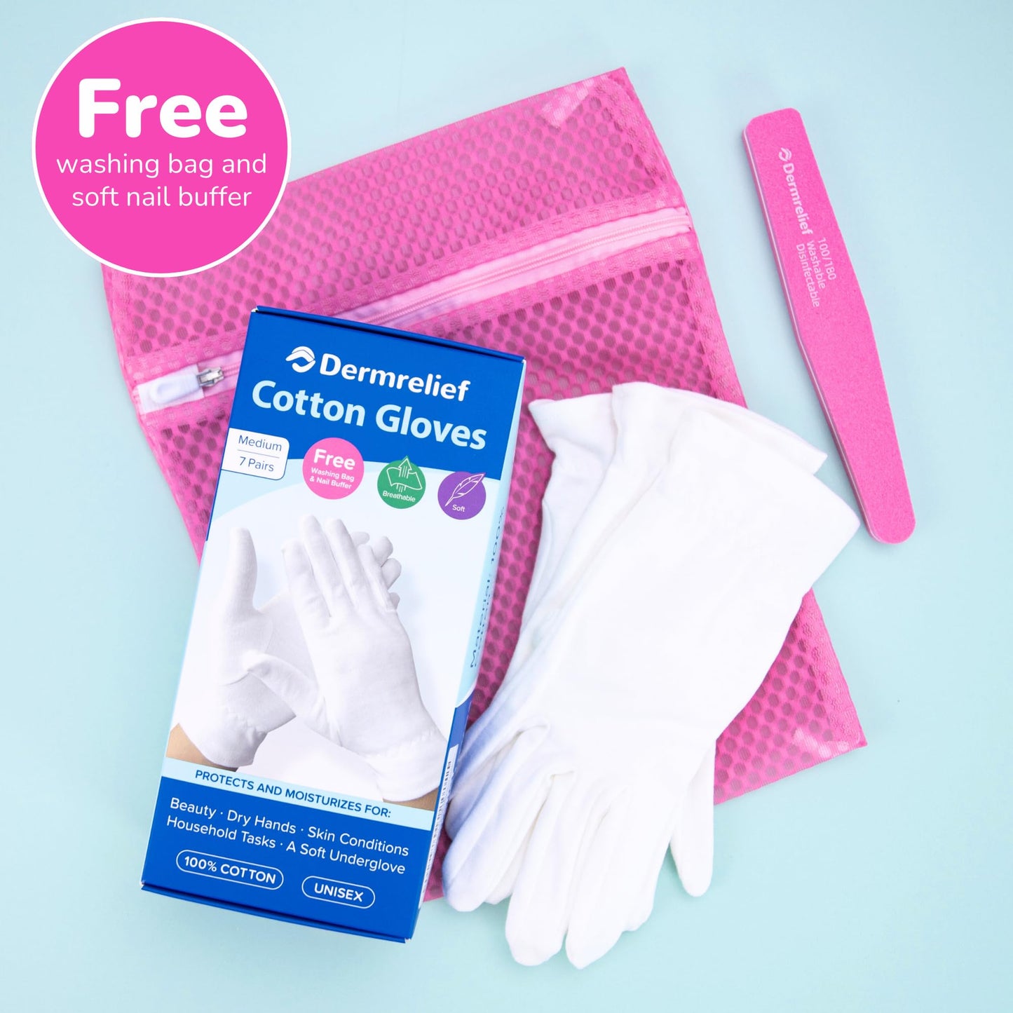 Dermrelief Cotton Gloves - for Beauty, Dry Hands, Eczema, Dermatitis and Psoriasis (7 Pairs) with Free Gifts (Professional Nail Buffer & Washing Bag) (Large)