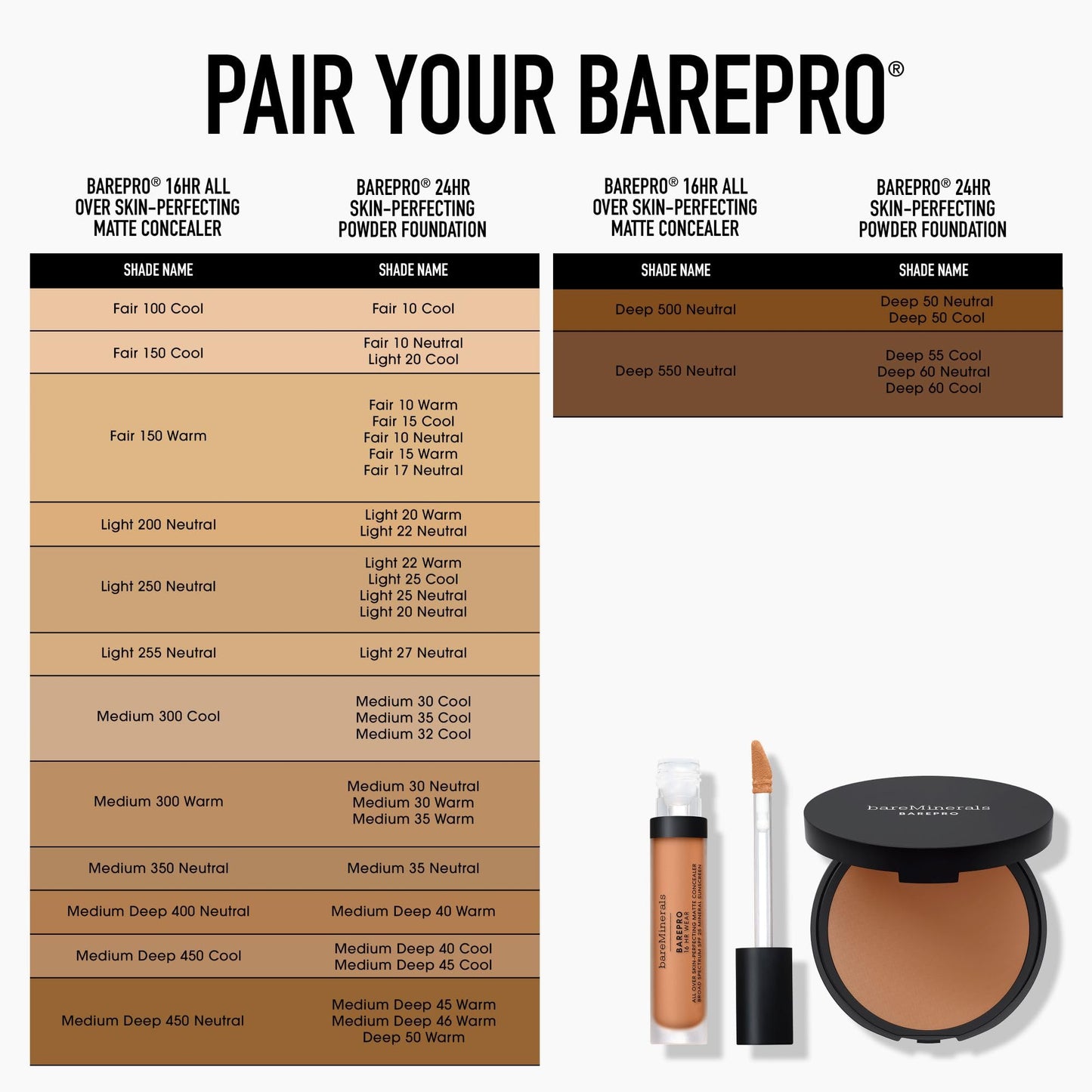 bareMinerals Barepro 24HR Skin-Perfecting Powder Foundation, Matte Pressed Powder Foundation Full Coverage with Plant-Based Squalene, Oil Control, Vegan - Medium Deep 45 Neutral