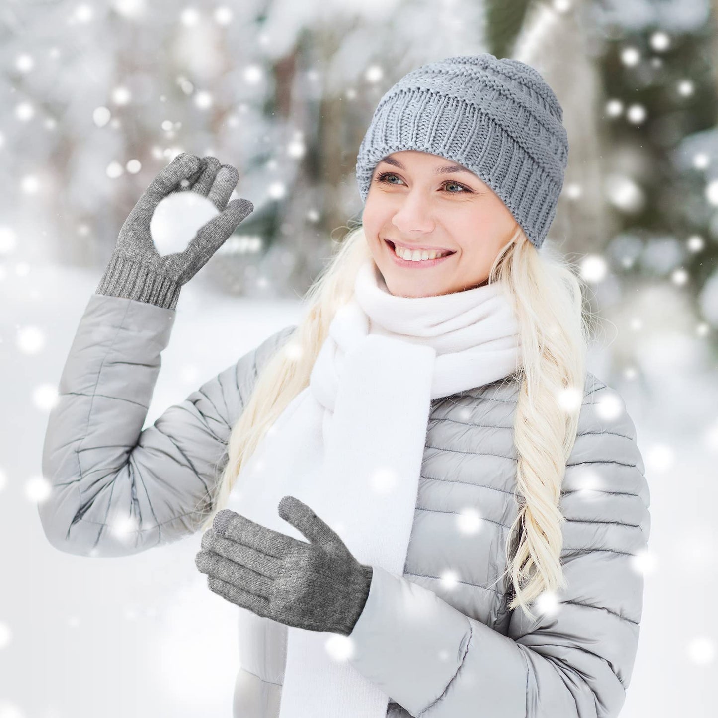 Winter Knit Beanie Hat Touchscreen Gloves Set, Soft Slouchy Skull Cap Gloves Set for Men Women Cycling Biking, 2 Sets (Navy Blue, Light Gray)