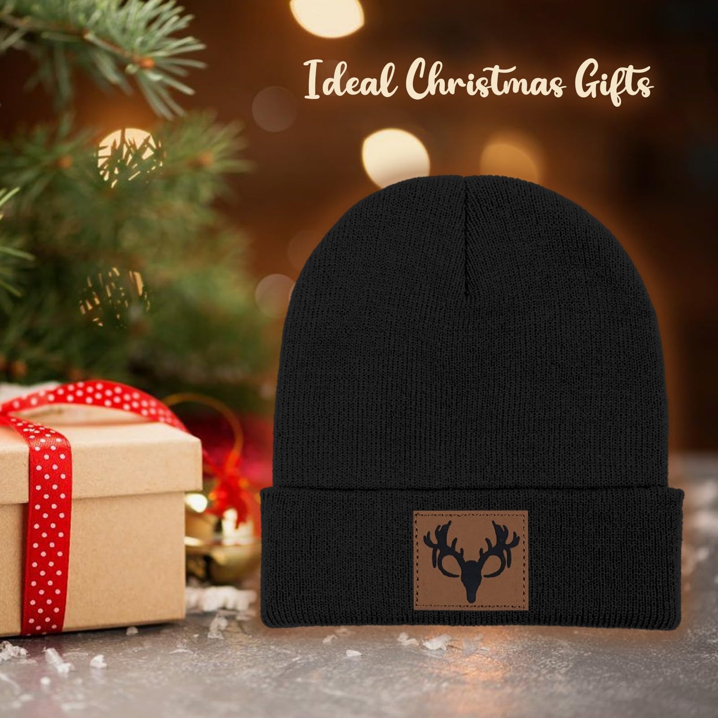 gswirmchsq Deer Hunting Beanie Hat Black, Cute Funny Leather Patch Winter Knit Skull Cap Hunting Gifts for Adult Men Women
