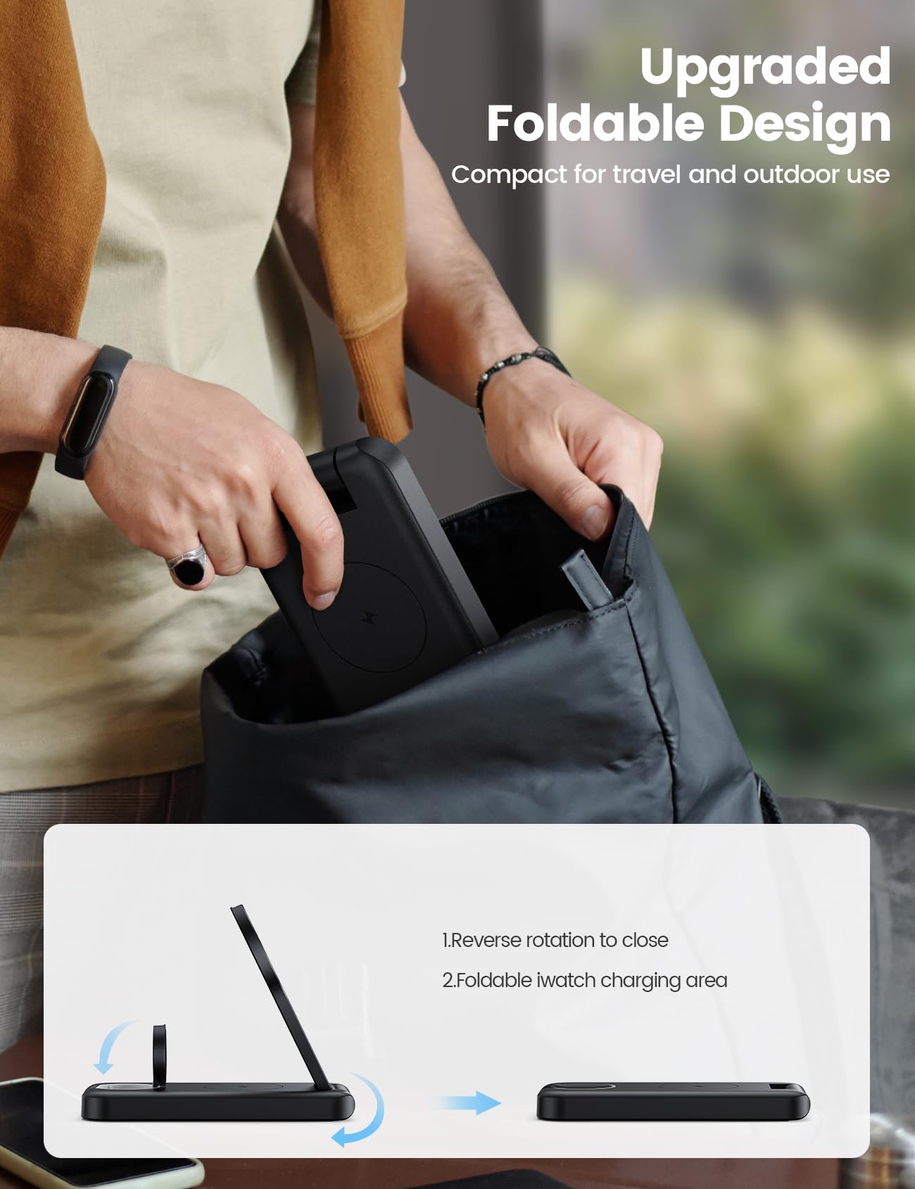 Lamicall 3 in 1 Charging Station for Apple, for Magsafe - Magnetic Foldable Wireless Charger Stand, Fast Charging Station for iPhone 16/15/14/13/Pro/Pro Max Apple Watch, AirPods, Foldable Travel Use