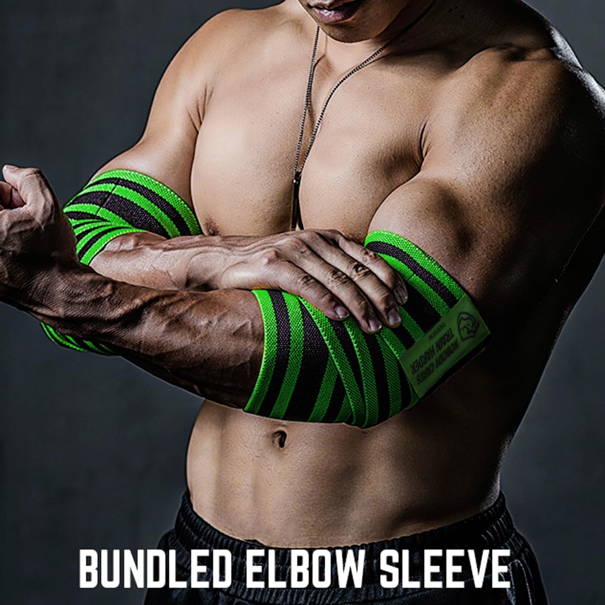 TAVIEW Elbow Wraps for Weightlifting (1 Pair), 47" Elastic Elbow Support & Compression Powerlifting, Fitness, Cross Training & Gym Workout, Elbow Straps Weight Lifting (47" elbow wraps (Green&Black))