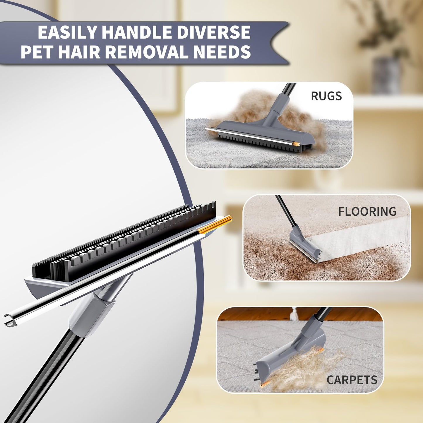 3 in 1 Carpet rake Kit for Pet Hair Removal Tool - Reusable Pet Hair Remover Broom w 58" Adjustable Long Handle, Dog & Cat Carpet Scraper, Pet Hair Remover for Rugs, Mats, Couch, Curtains(Gray)