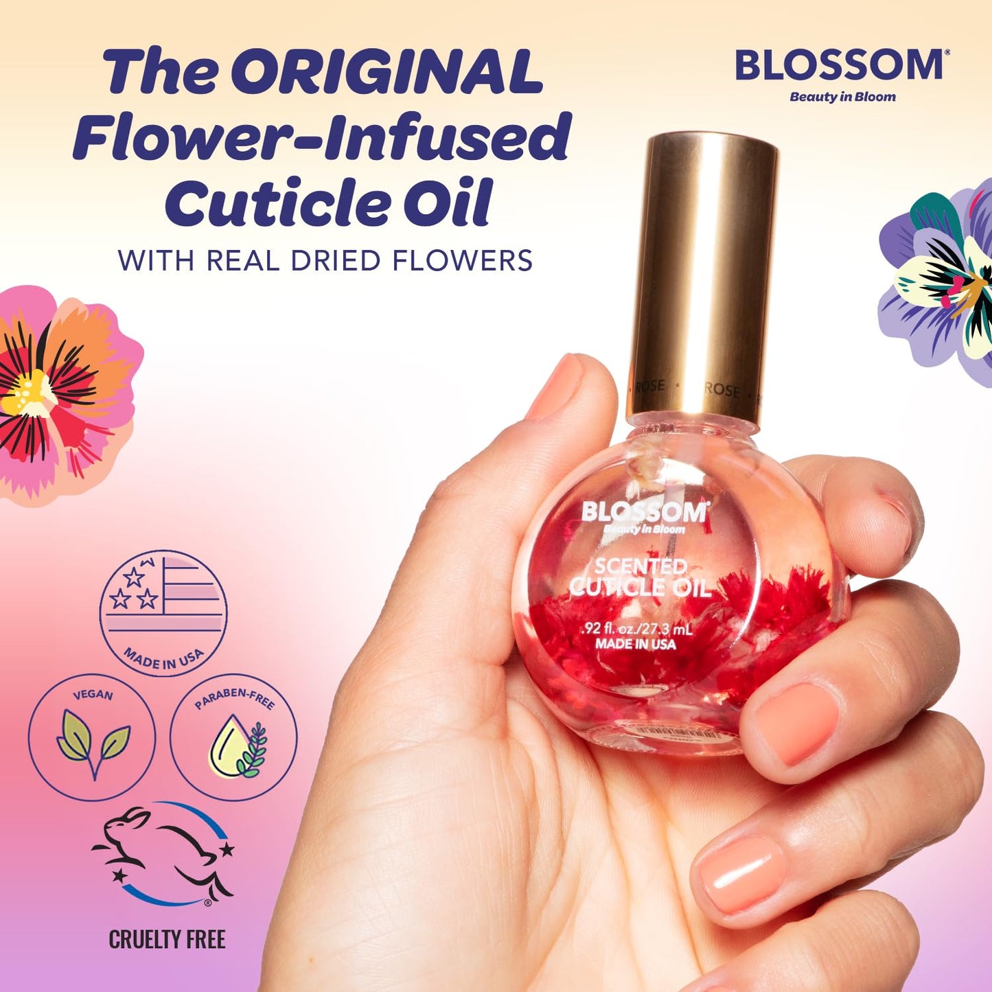 Blossom Cuticle Oil for Nails, Hydrating, Moisturizing, Scented Nail Oil Cuticle Care, Infused with Real Flowers, Made in USA, 0.5 fl. oz, Spring Bouquet