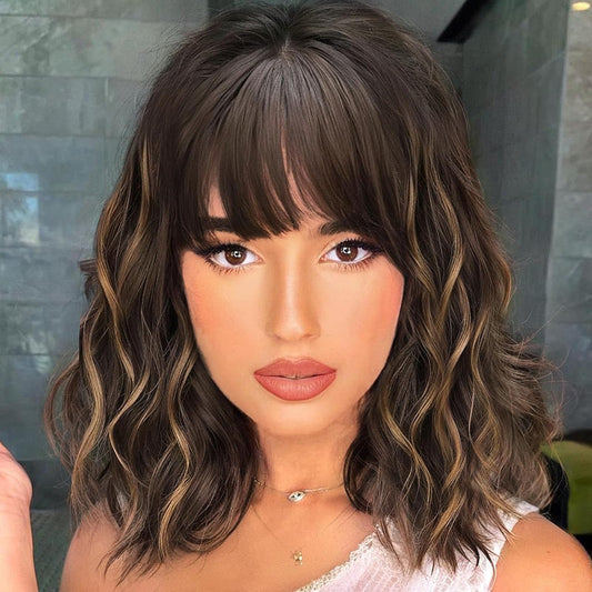 Nnzes Wig with Bangs for Women Shoulder Length Bob Wavy Women's Charming Synthetic Dark Brown mixed blonde highlight Wigs with Natural Curly Heat Resistant Hair for Daily Party Use