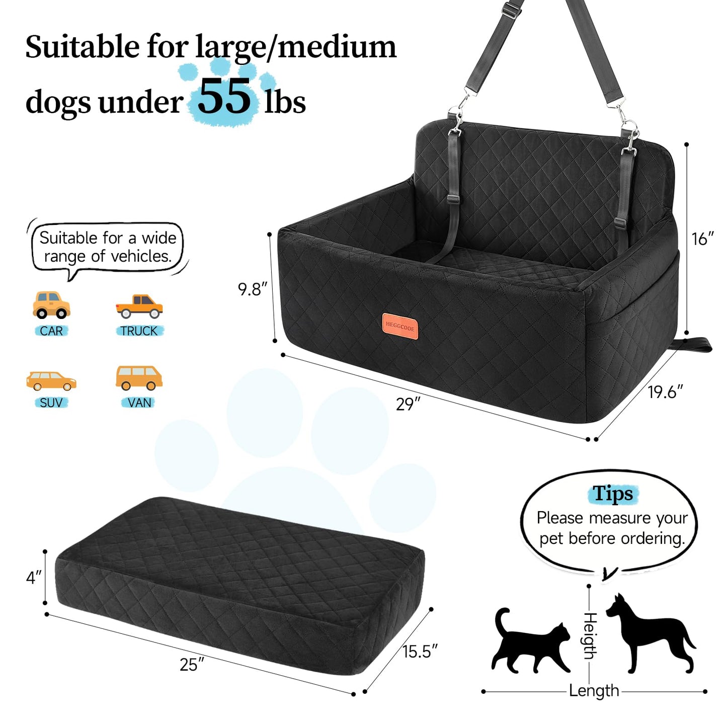 HEGGCOOE Dog Car Seat for Medium/Large Dogs, Pet Booster Seat for Under 55 lbs or 2 Small Dogs, Detachable & Washable Dog Car Bed for Backseat with 2 Safety Leashes(Black)