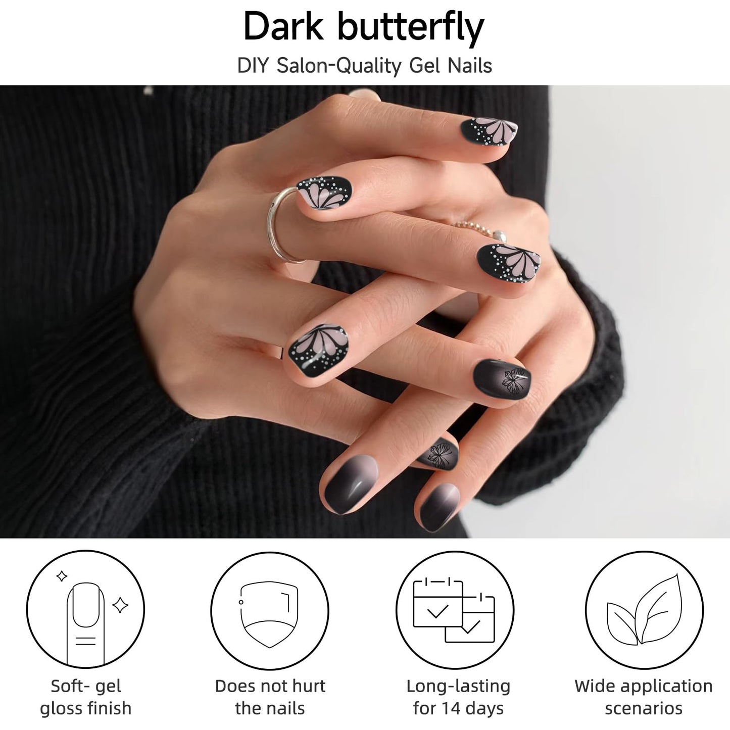 DUKASOU Semi Cured Gel Nail Strips, Dark Butterfly | 28 pcs Gel Nail Strips Work with Any UV Lamp, Salon Quality UV Gel Nail Stickers, Easy to Apply for Home Nails DIY