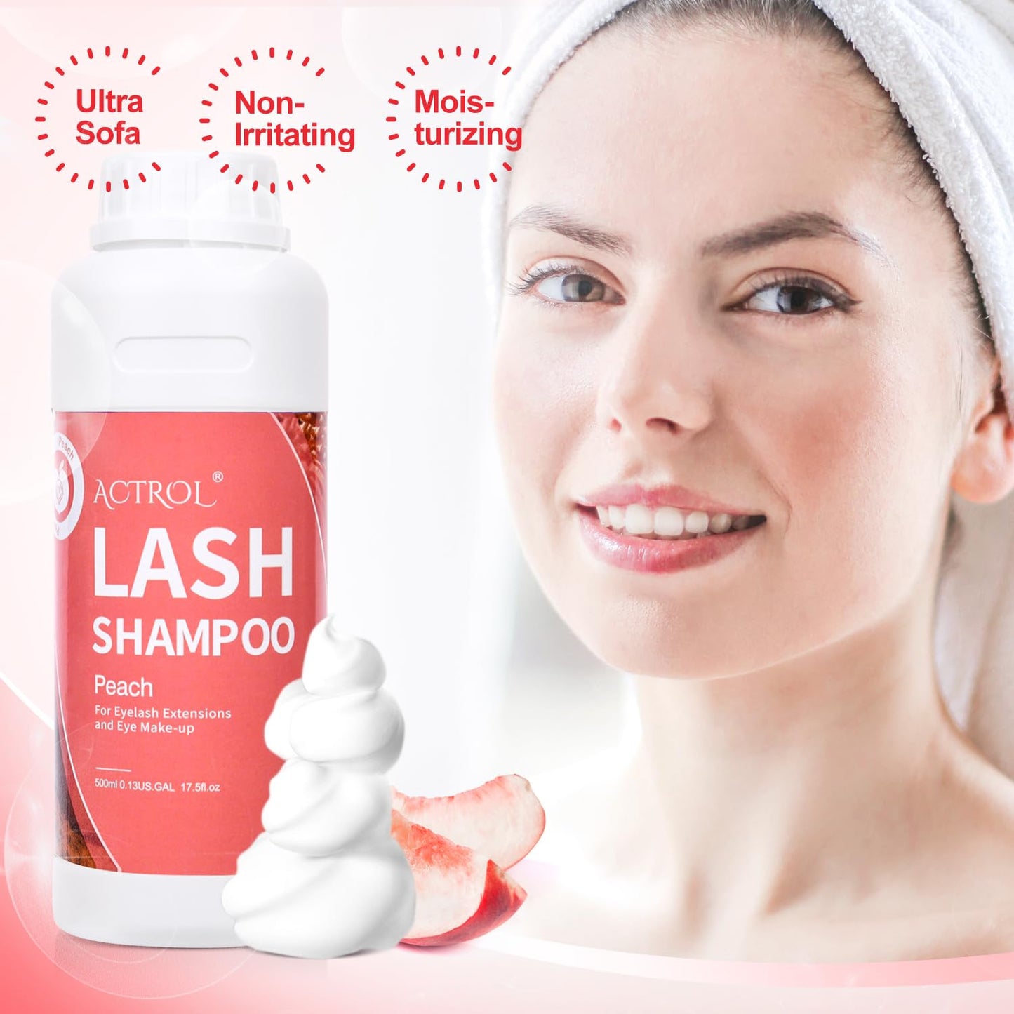 ACTROL Lash Extension Cleanser Peach 500ml Eyelash Shampoo Lash Wash Shampoo Lash Cleanser Foam with Salon and Home Care