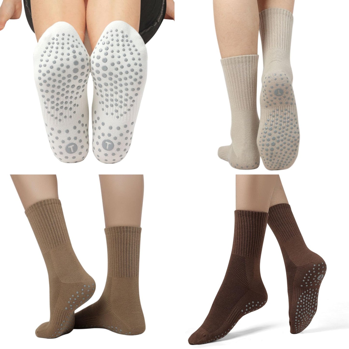 Toes Home Pilates Socks for Women with Non Slip Grippers, Yoga Crew Socks for Barre Hospital Exercise Workout Sticky Athletic Slipper Socks 4 Pairs Brown White