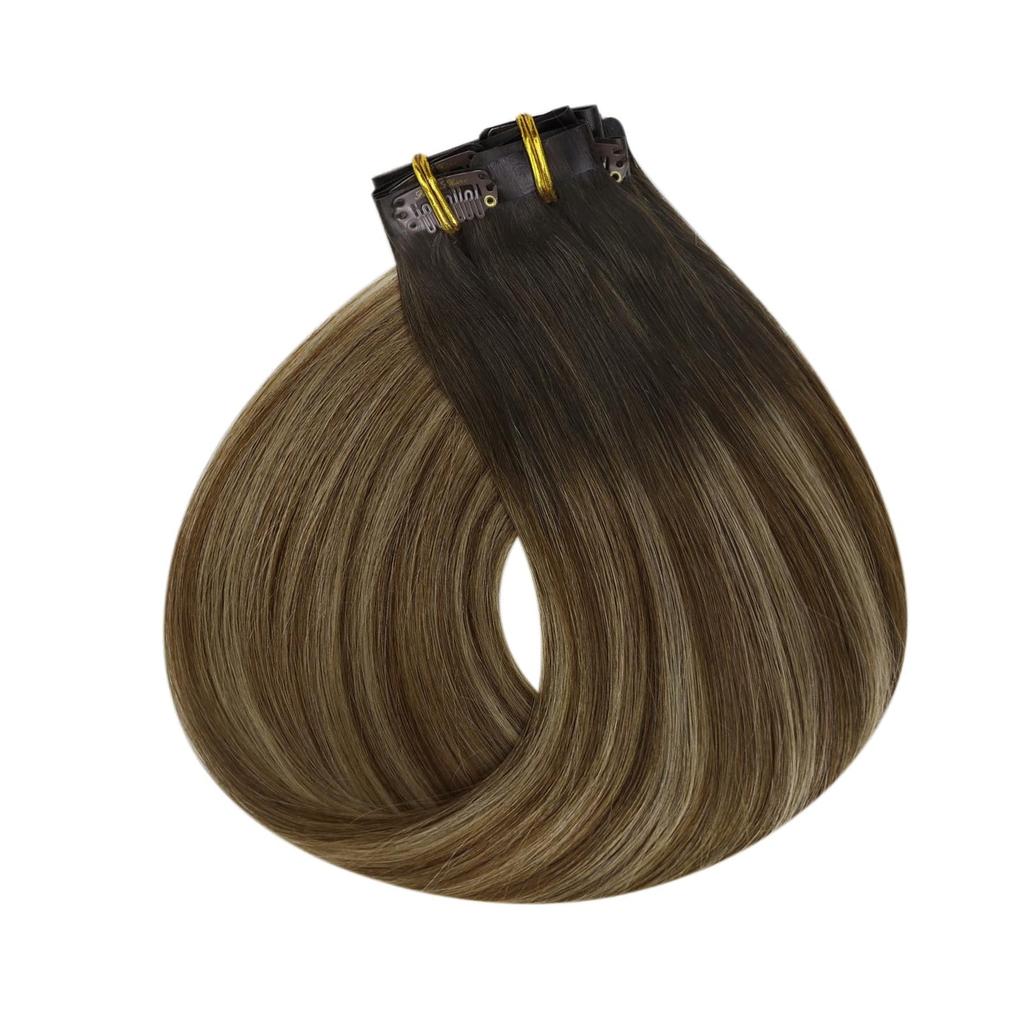 Full Shine Balayage Hair Extensions Real Human Hair Short Hair Extensions Clip ins Ombre Dark Brown to Medium Brown Mix Honey Blonde Hair Clip in Extensions for Women 12 Inch 8 Pcs 95 g