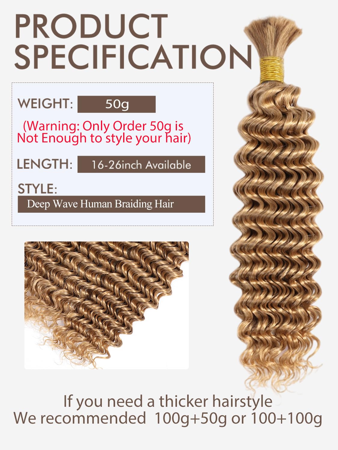 Blonde Braiding Hair 1 Bundle 50g 16 Inch Deep Water Wave Bulk Human Hair for Braiding Brazilian Virgin Curly Braiding Hair for Boho Braids Wet and Wavy Color 27 Honey Blonde Human Braiding Hair