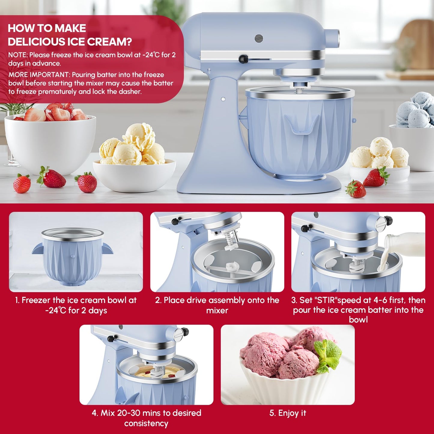 InnoMoon Ice Cream Maker Attachment for KitchenAid Stand Mixer, Compatible for Kitchenaid 4.5QT/5QT/6QT/7QT Stand Mixer, 2-Quart Frozen Yogurt, Sorbet Gelato Maker, Kitchen aid Ice Cream Maker (Blue)