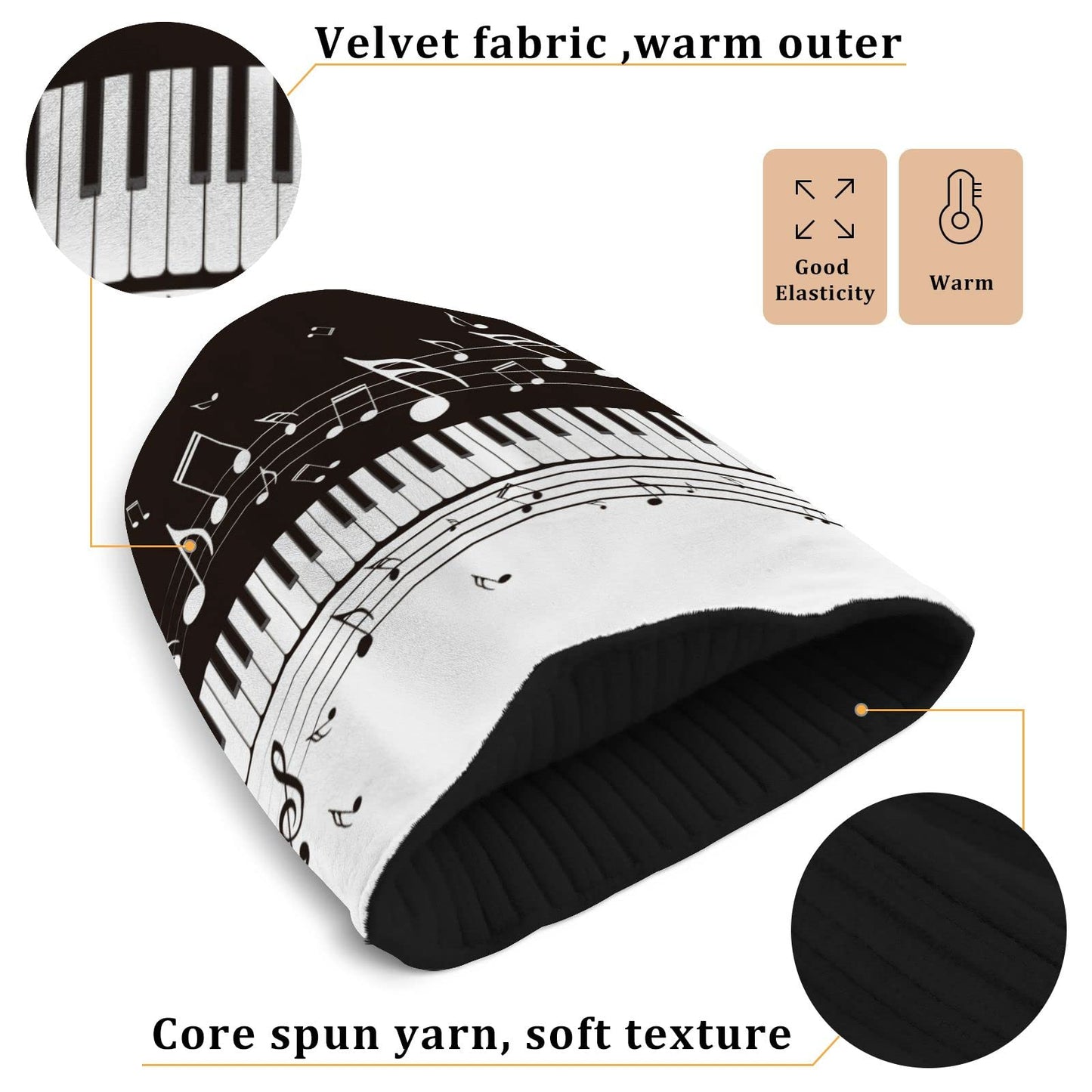 OTVEE Cuffed Knit Beanie Hat for Women Men Soft Warm Winter Hat Cap Piano Keys Musical Notes Skull Cap Slouchy Beanie