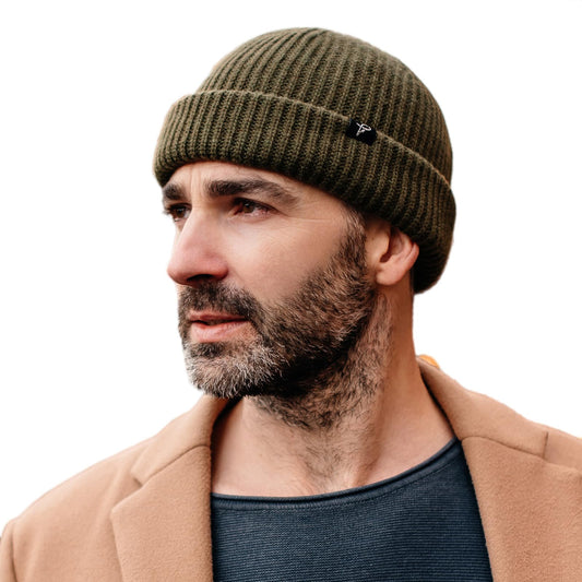 Army Green Oversize M/L Winter Short Fisherman Beanie Merino Wool Blend Knit Skull Cap Warm Hat for Large Big Head Mens Womens Cold Weather