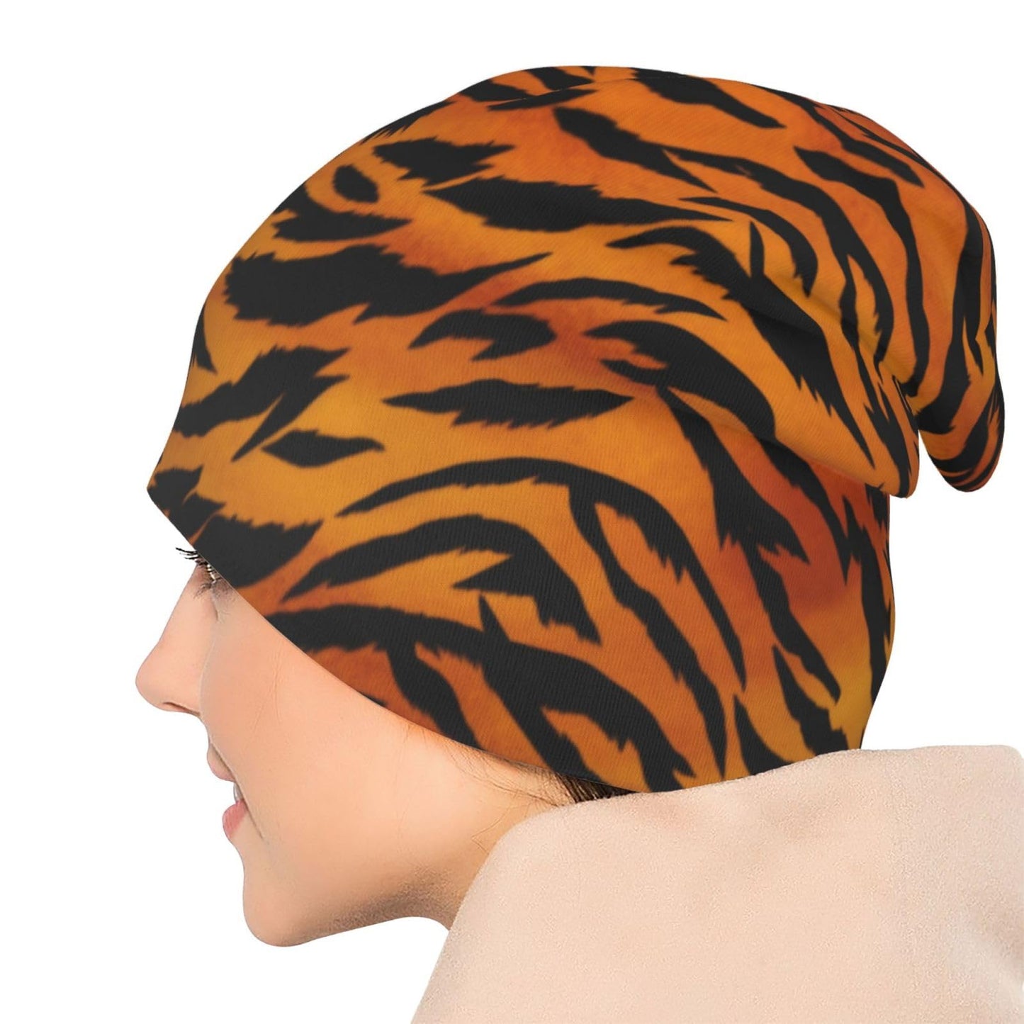ZUHAOGO Animal Print Tiger Black Gold Skull Beanie Hats Slouchy Winter Warm Chemo Caps Stretch Hip-Hop Skull Cap Beanie Lightweight Sleep Cap Headwear Knit Beanies for Men Women