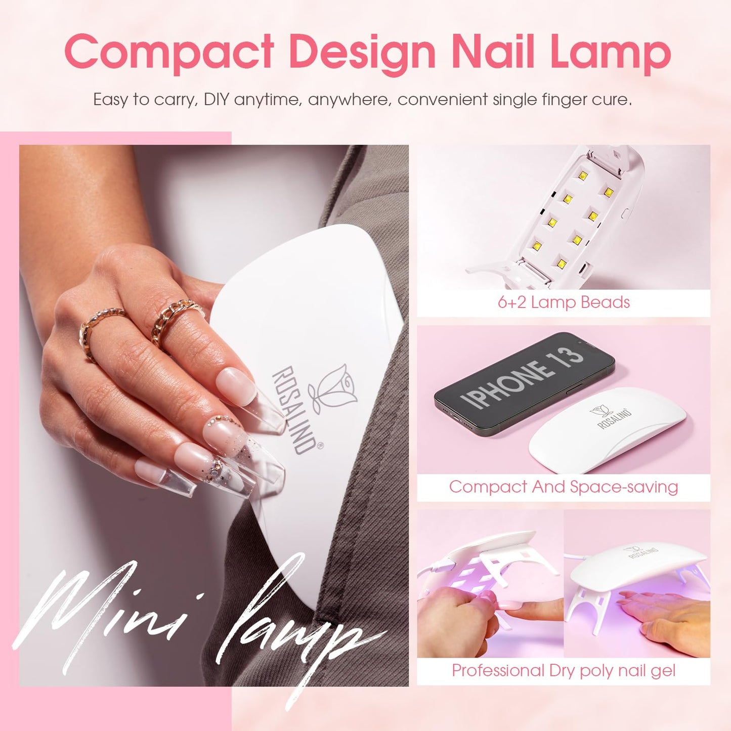 ROSALIND 20PCS White Clear Poly Nails Gel Kit Starter Builder Kit with Slip Solution Pro Nude Pink Nail Extensions Gel Set with Mini UV Lamp Drill Nail Art