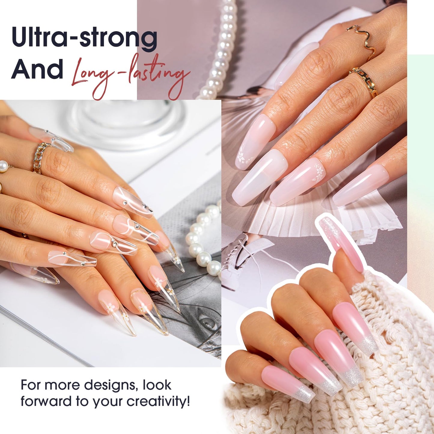 ROSALIND 20PCS White Clear Poly Nails Gel Kit Starter Builder Kit with Slip Solution Pro Nude Pink Nail Extensions Gel Set with Mini UV Lamp Drill Nail Art