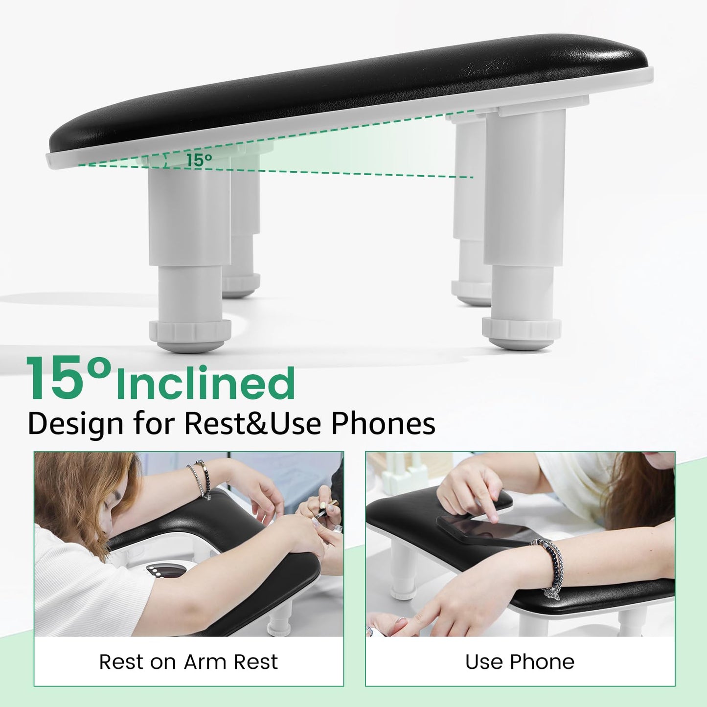 Big Arm Rest for Nails Tech: 2nd Generation U-Shaped Manicure Nail Arm Rest Stand Height Adjustable Armrest Microfiber PU Leather Hand Rest Pillow for Acrylic Nails (Black)