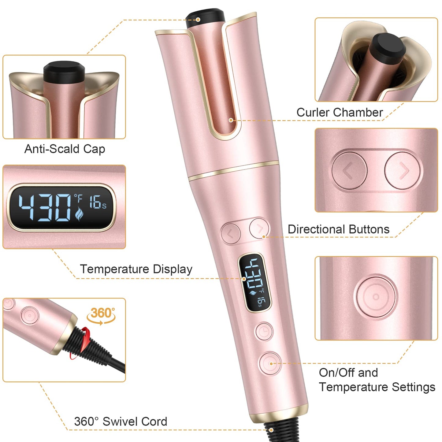 Automatic Curling Iron, Auto Hair Curler Wand with 4 Temperatures & 3 Timers & LCD Display, Curling Iron with 1" Large Rotating Barrel, Dual Voltage Auto Shut-Off Spin Iron for Hair Styling