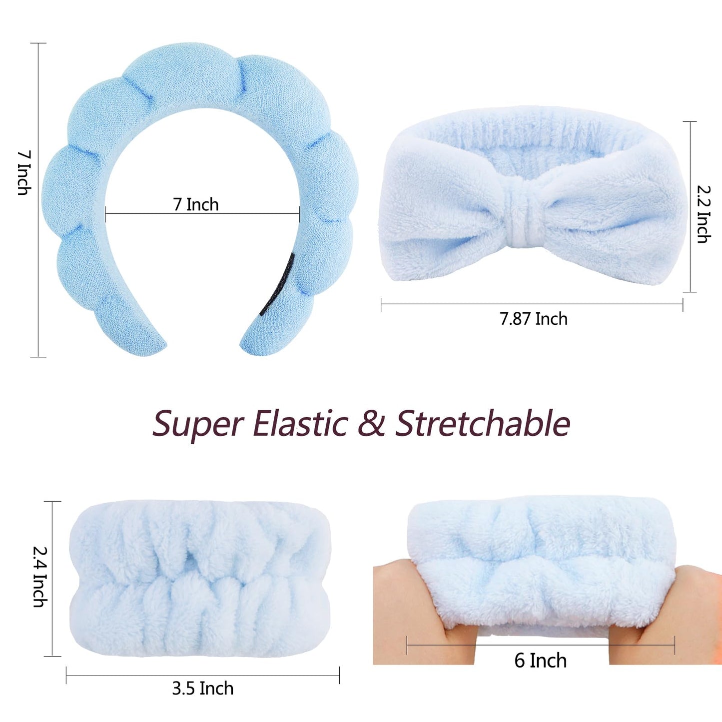 VELSCRUN 6 Pack Spa Headbands - Makeup, Face Wash, Skincare Hair Accessories With Blue Sponge Bow Tie Wristbands, Women's Gift Set