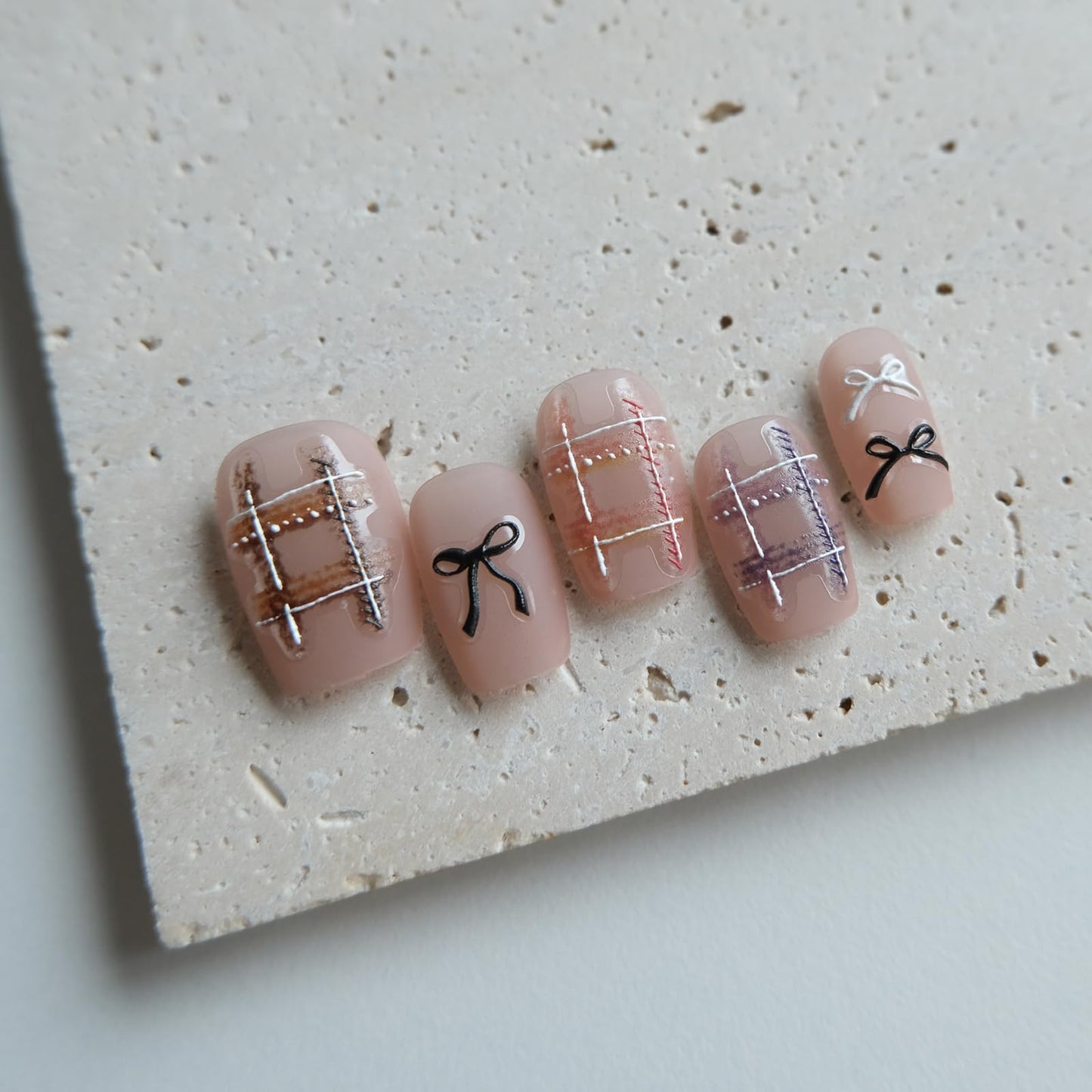 CESTSIREN Woolen Grid Bow Nail Art Stickers, Embossed Nail Decals,Elegant Cute Nail Art Design, Pearl, Self-Adhesive, Nail Accessories for Women, Nail Art Supplies