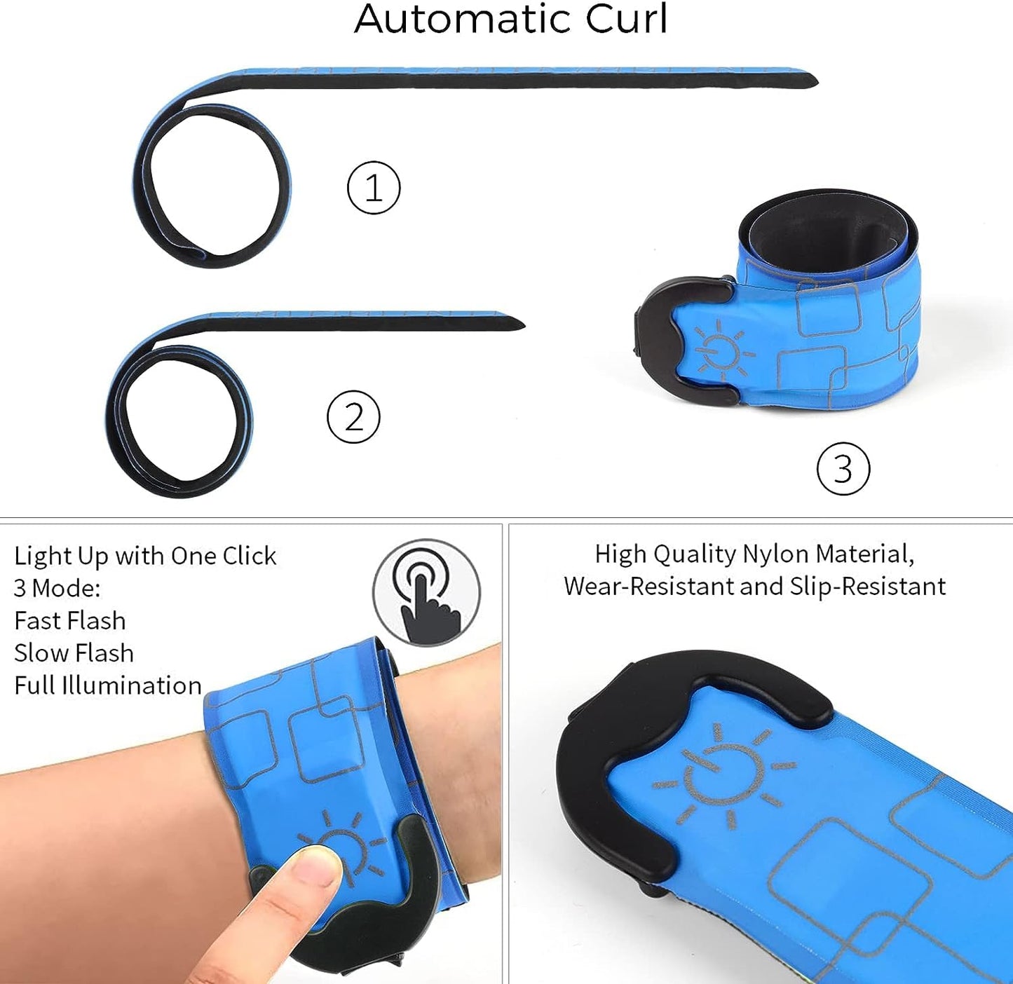 LOBKIN 2 Pcs Rechargeable Safety Bracelets - LED Slap Armband Kids Night Safe Walking Wrist Band Reflective Belt - Magic Band Running Lights Gear for Runners Joggers Bikers