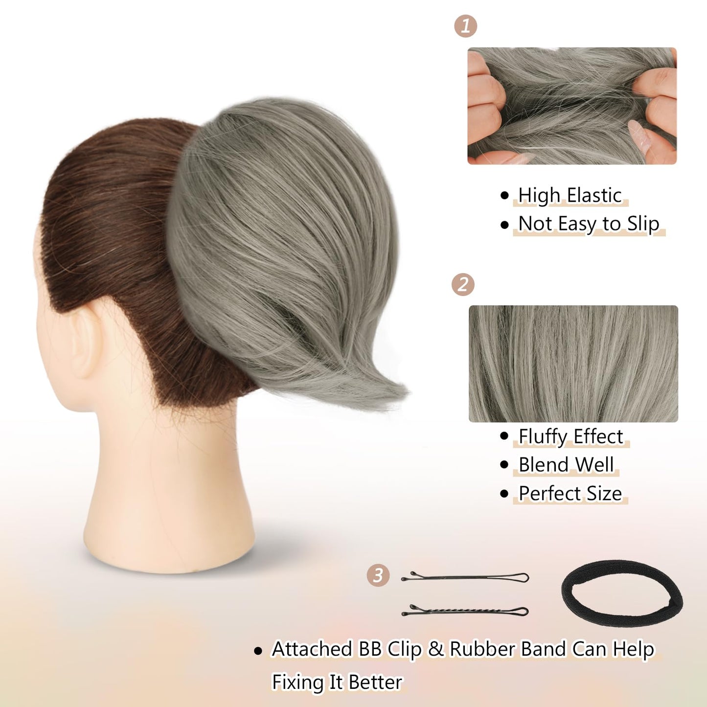 BARSDAR Gray Hair Bun Extensions - Synthetic Fully Short Straight Ponytail Hair Bun Extensions for Women, Elastic Gray Hair Bun Scrunchies Messy Bun Hairpieces Daily- Gray Mixed