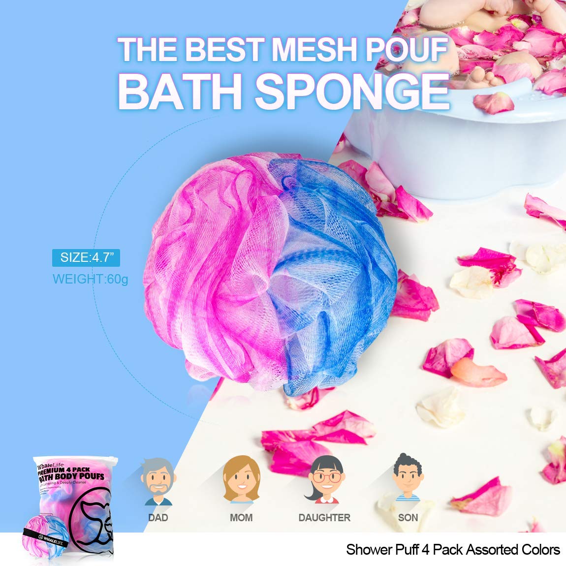 Loofah Sponge Bath Sponge for Women Men 4 Pack (Blue Pink Conbine)