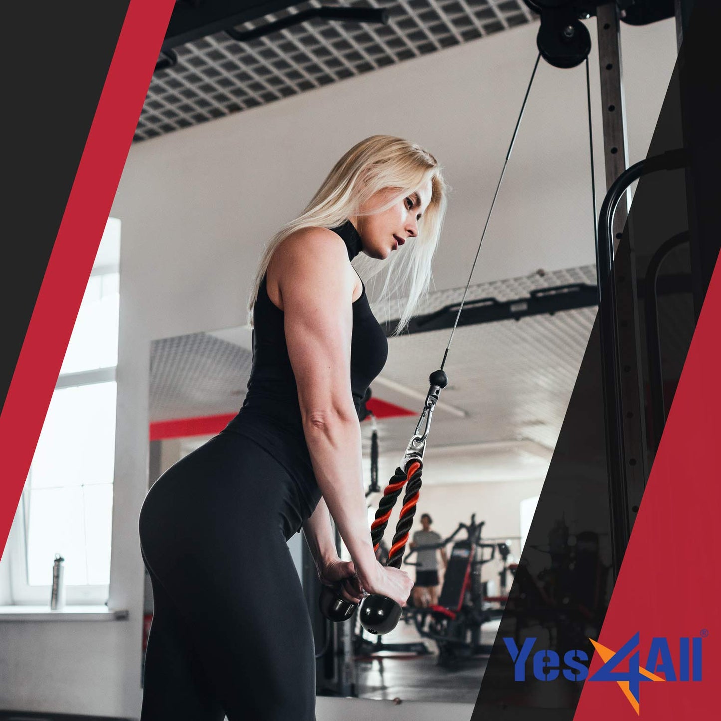 Yes4All Deluxe Black & Red Tricep Rope Cable Attachment,36 inch Exercise Machine Attachments Pulley System Gym Pull Down Rope with Carabiner