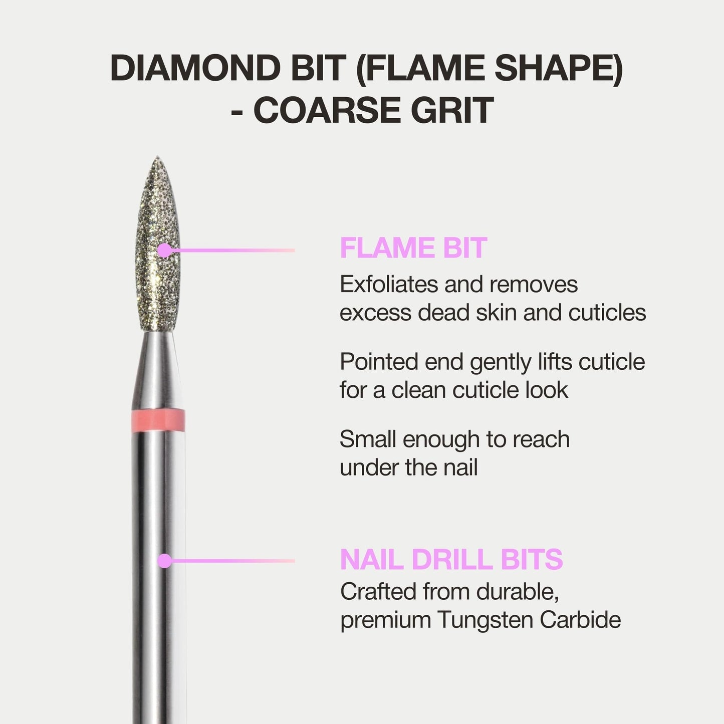 Curacoro Cuticle Nail Drill Bit 3/32'' - 2.1mm Flame Shape Diamond Bit (Coarse) for Professional Finish, Refine & Smooth Acrylic or Gel Nails, Nail Art Pedicure Manicure Salon & Home