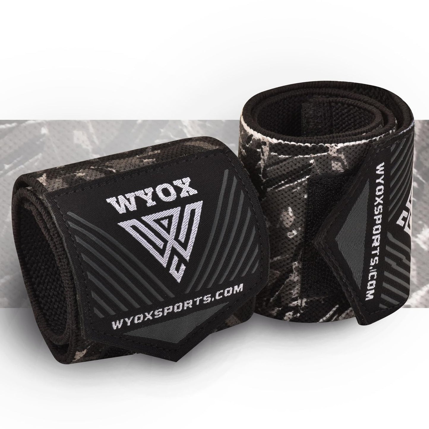 WYOX Unisex Wrist Wraps for Weightlifting | Wrist Wraps for Men and Women | 18'' Extended Length Strong Wrist Strap | Weight Lifting Wrist Wraps with Thumb Loop for Muscle Stability (Camo Grey)