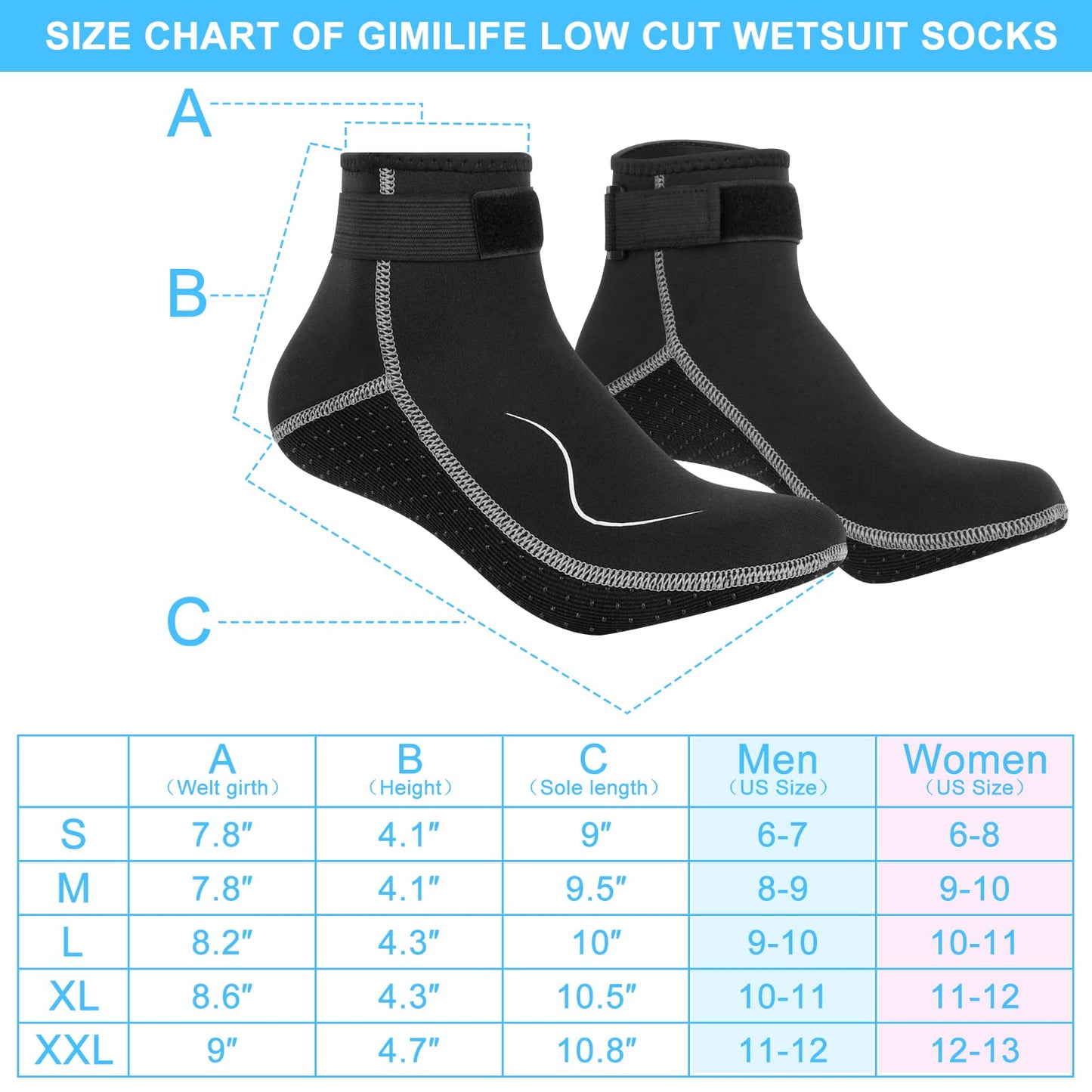 Gimilife Neoprene Socks 3MM Water Socks for Women Men, Waterproof Diving Wetsuit Socks Sand Socks for Beach Volleyball Snorkeling Surfing Kayaking Swimming Water Sports Activities (Low Style,L)