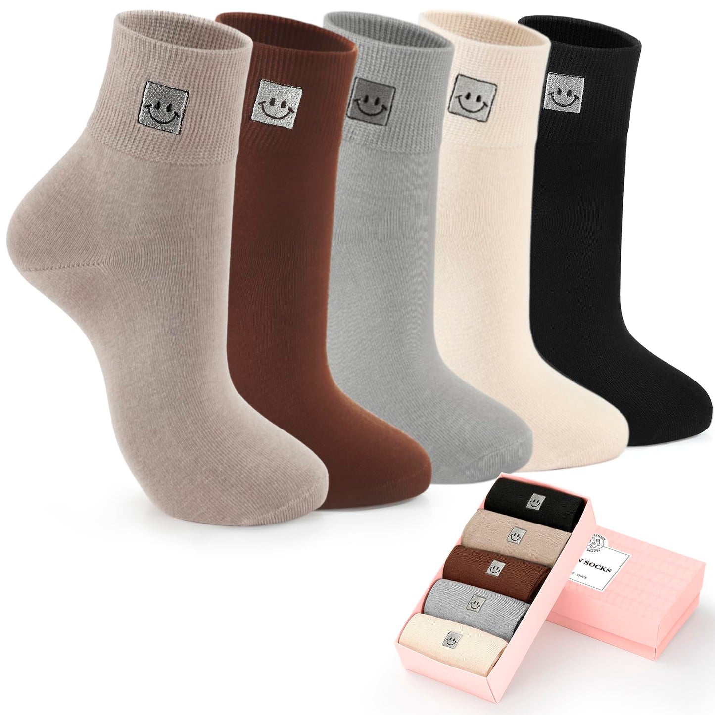 HUGSWEET Soft Cotton Women Socks above Ankle Crew Bootie Socks Cute Lovely Smiley Face Novelty Socks Gifts for Women 5 Pairs