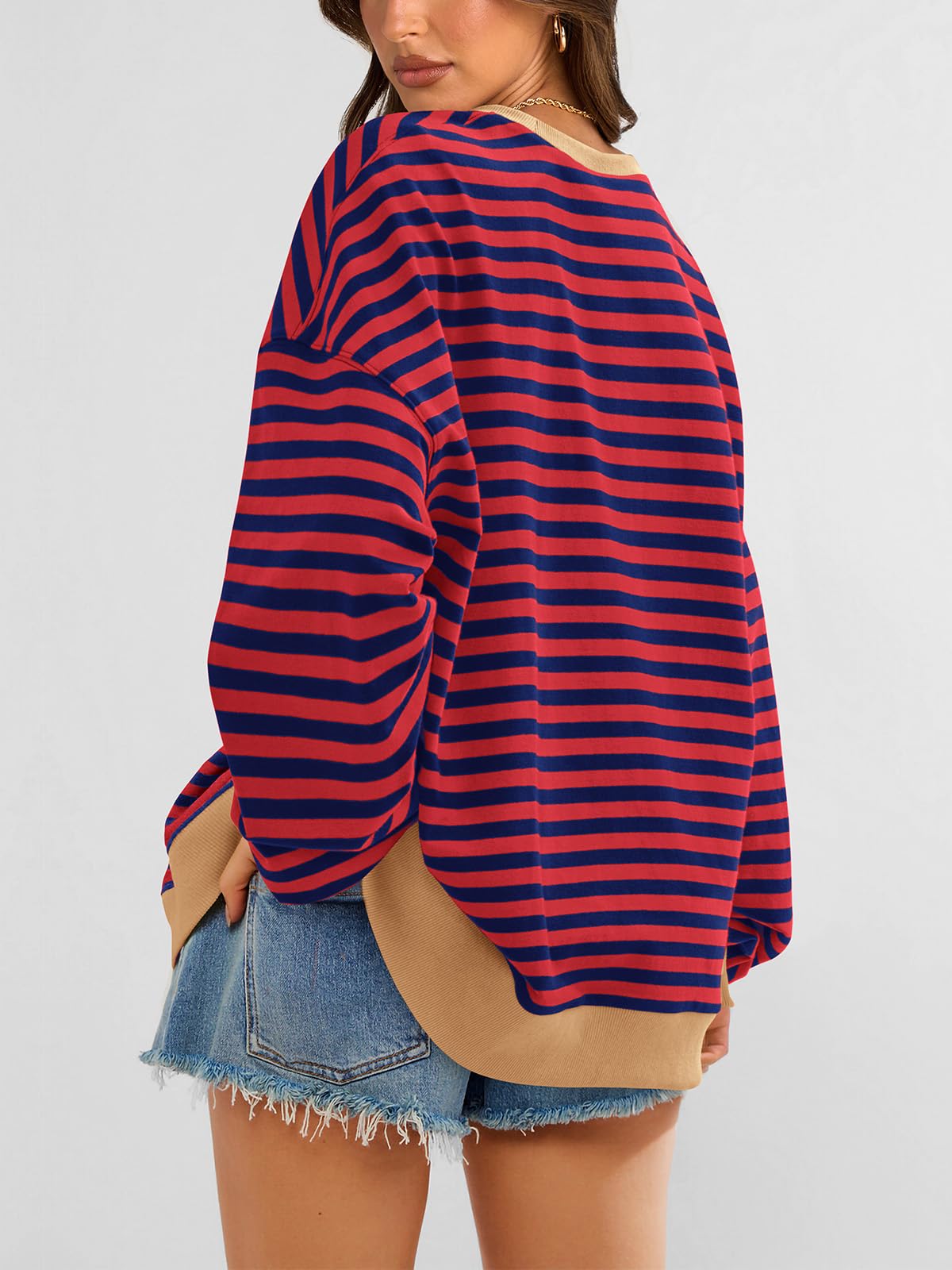 PRETTYGARDEN Womens Oversized Sweatshirt Casual Striped Color Block Long Sleeve Crewneck Pullover Tops Spring Y2k Clothes (Red Navy, Medium)