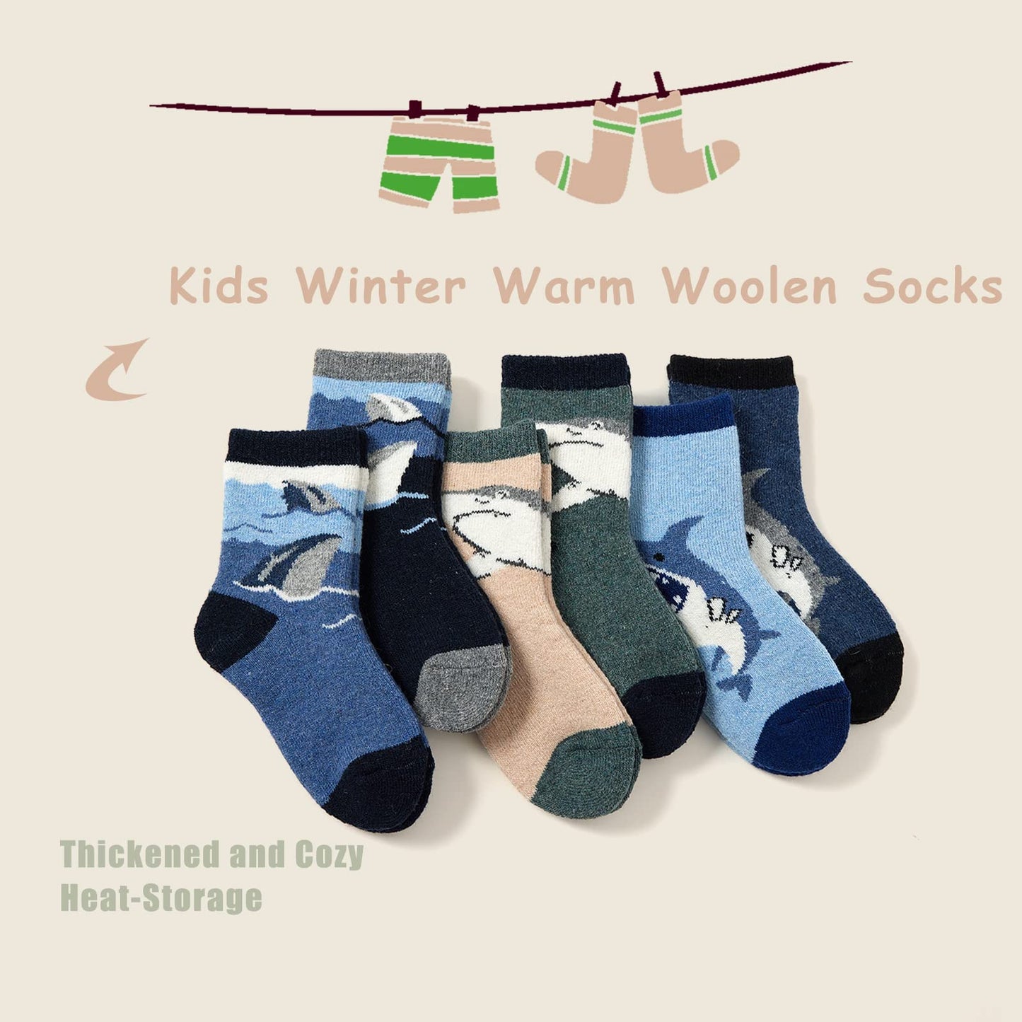 Boys Wool Socks Kids Thick Winter Socks Thermal Crew Socks for Boys 6 Pairs Big Sharks Size 6-8 Years