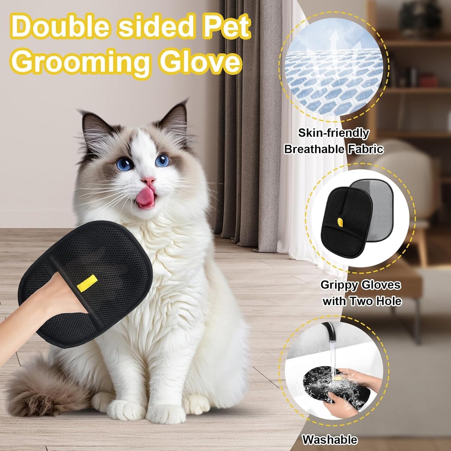 Pet Hair Remover Gloves - 2025 New Electrostatic Pet Hair Remover, Washable Reusable Double Sided Pet Grooming Gloves for Couch, Clothing,Furniture, Carpet, Car Seat (2 PCS)