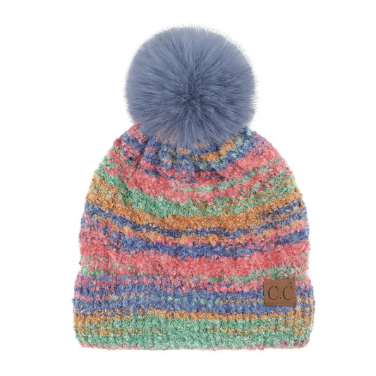 C.C Multi Color Space Dye Pom Beanie/Lining (Poly) / Pom Faux Fur for Women Unisex - Wool Stretchable Soft Warm with Faux Fur Pom Knit Winter Skully Hat (Red Combo)