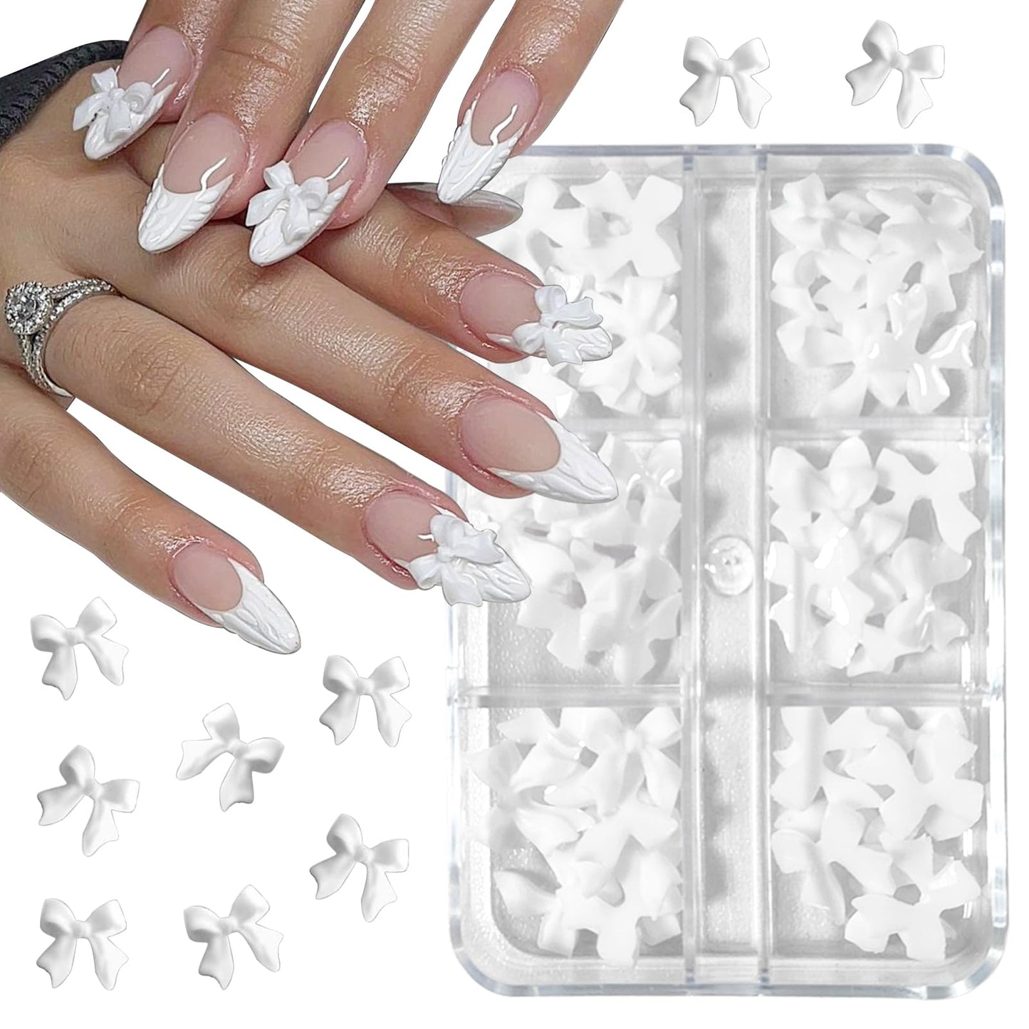Votacos Nail Charms & Pearls - Bow-Knot Nail Accessories in Silver & White, Half Round Beads, Luxurious Design - DIY Crafts