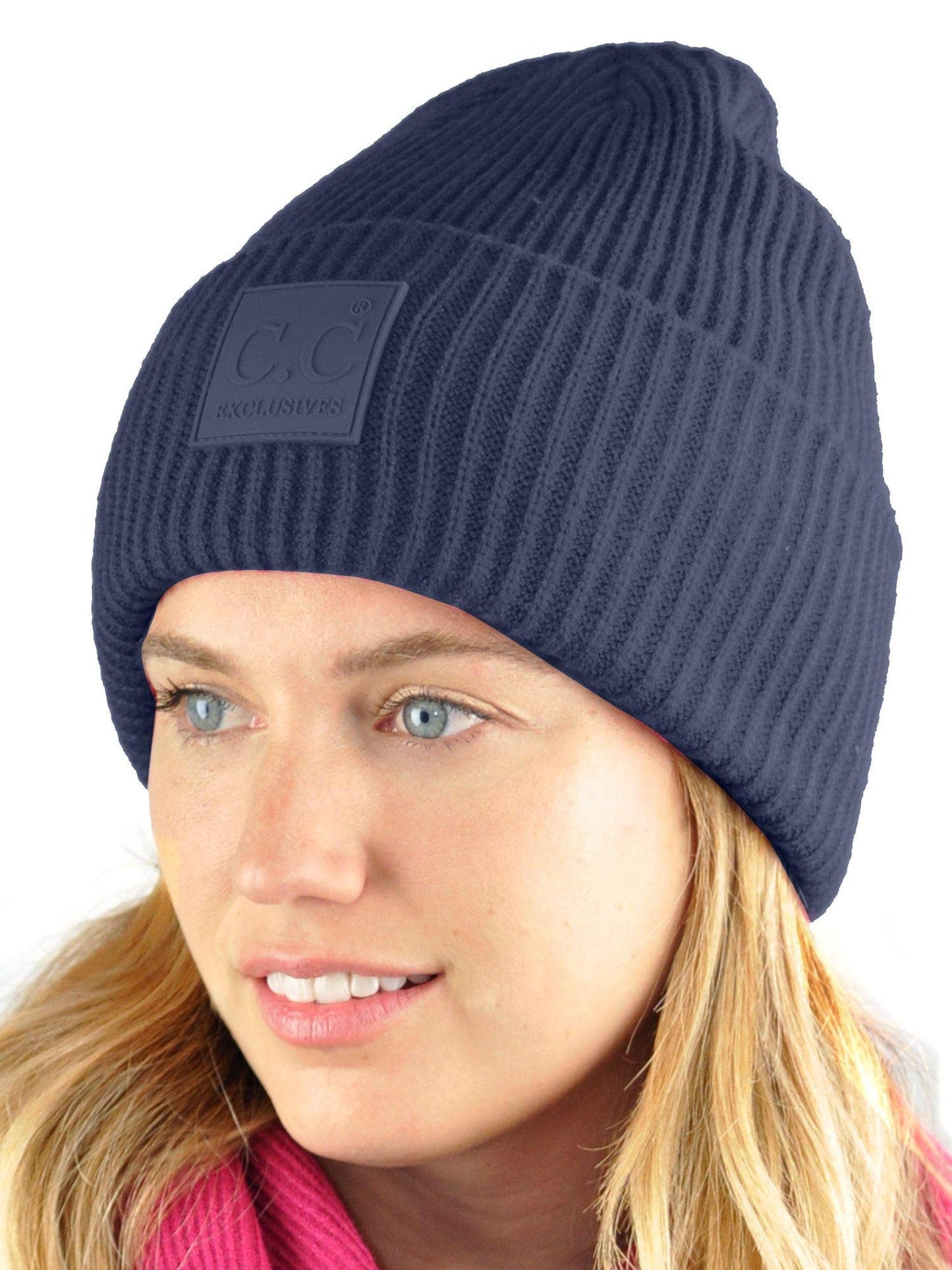 C.C Unisex Winter Thick Knit Plain Cuff Skull Cap Beanie Hat, Navy