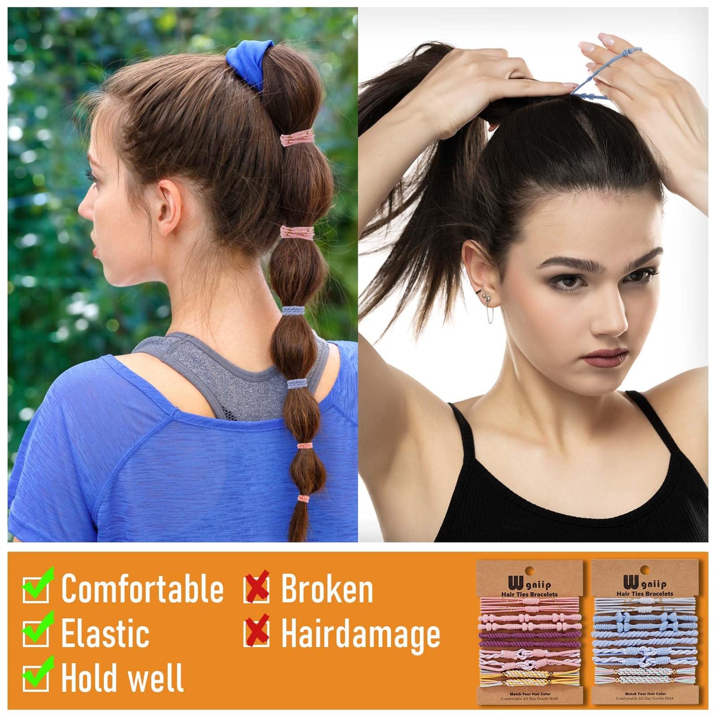 Wgniip 20 Pcs Boho Hair Accessories for Women: 5 Styles Cute Tie Bracelets for Thin and Thick Pony Tails, 10 Colors No Damage Elastics